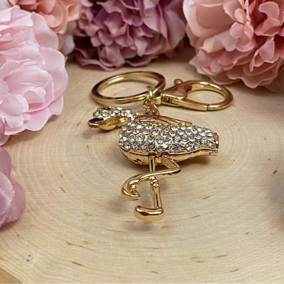 Whimsical Gold & Silver Crystal Flamingo Keychain Charm - Picture 9 of 14
